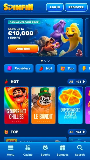 Spinfin mobile casino lobby